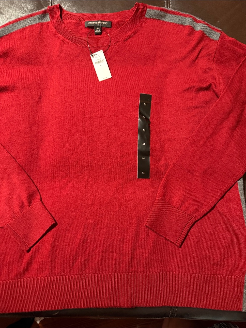 Banana Republic Red Crewneck Sweater with Gray Shoulder Stripes